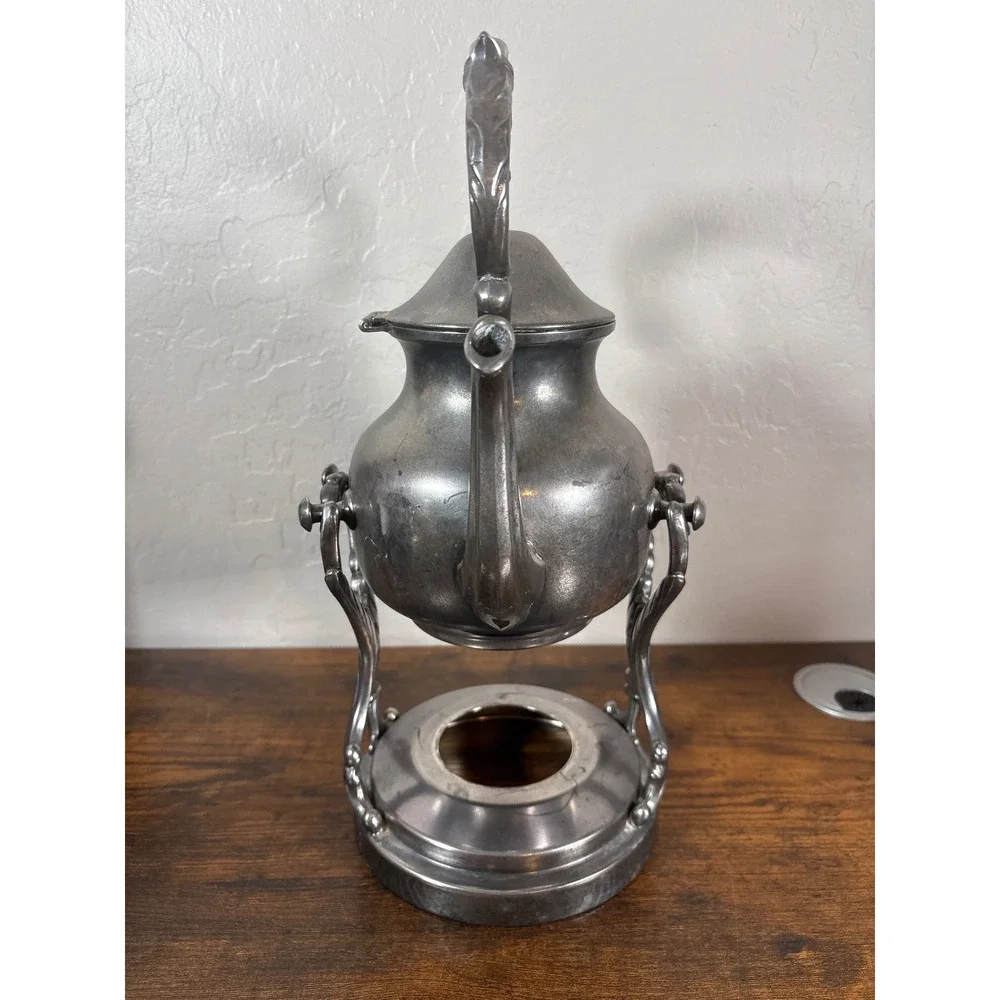 Antique Silver on Copper 5pc Tea Set Tilting Kettle Stand Victorian Ornate Hallm